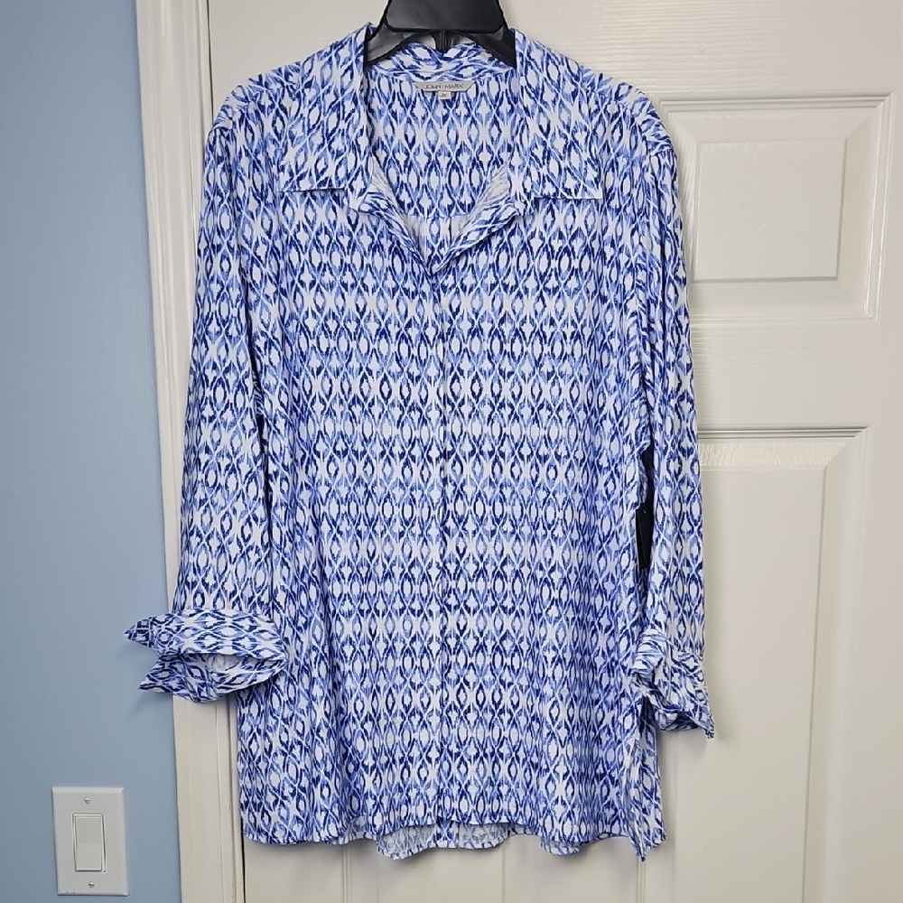 John Mark 3/4 Sleeve Button Front & Back‎ Collared Top: Blue/White Print: 1X
